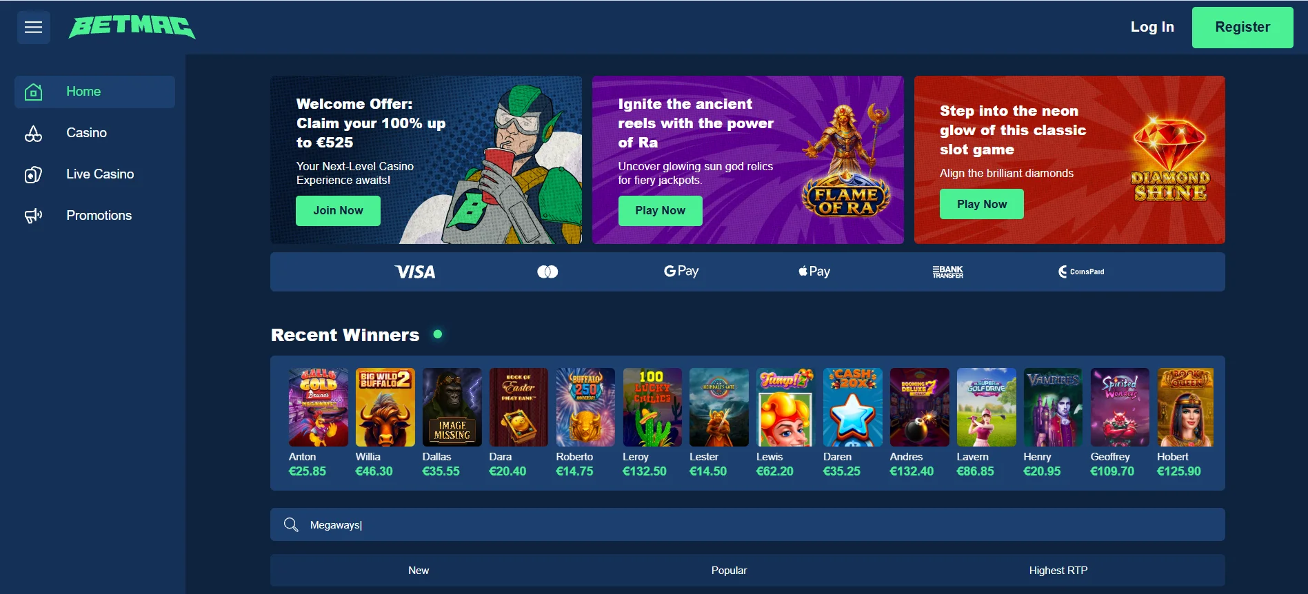BetMac Casino Homepage