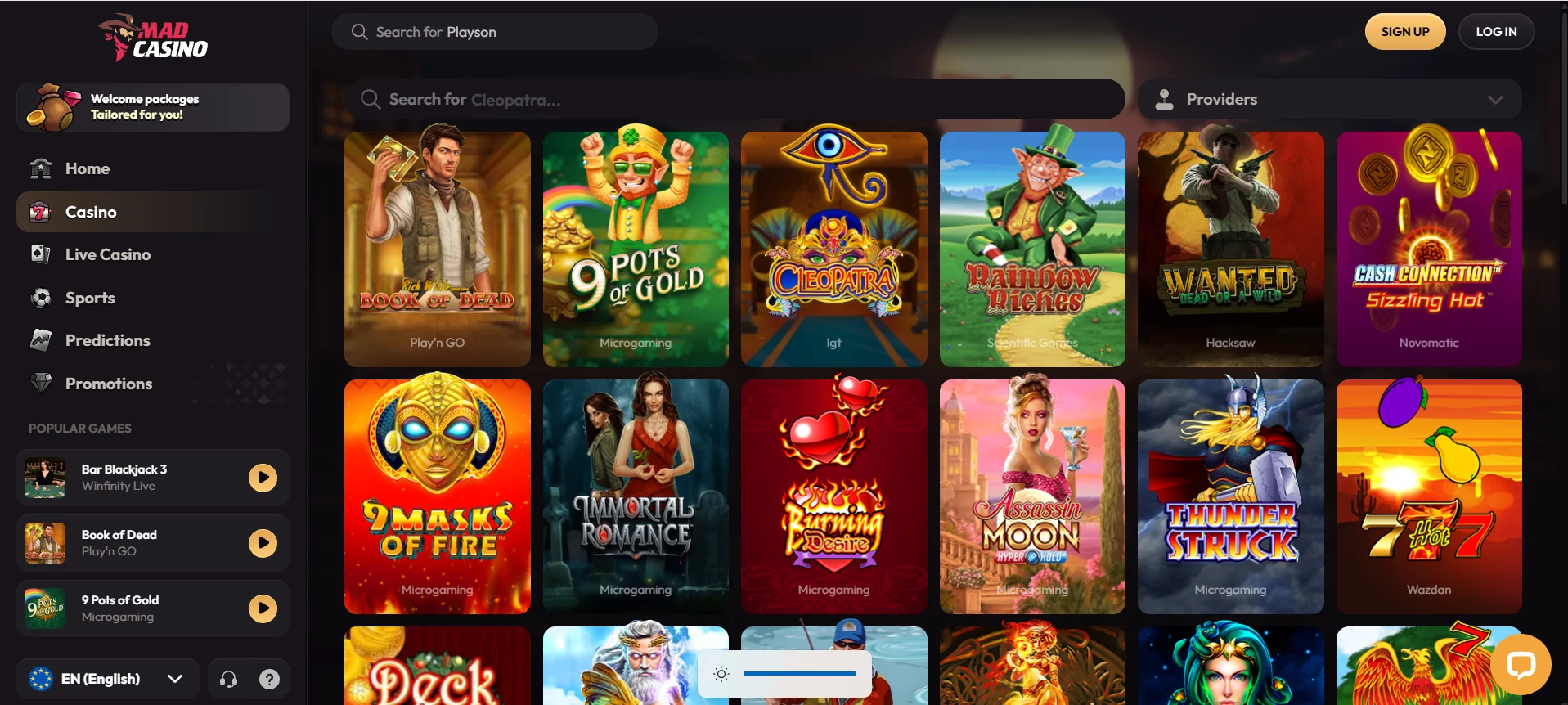 Slots page at Mad Casino